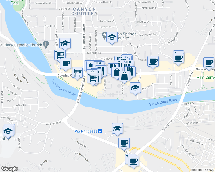 map of restaurants, bars, coffee shops, grocery stores, and more near 27140 Hidaway Avenue in Santa Clarita