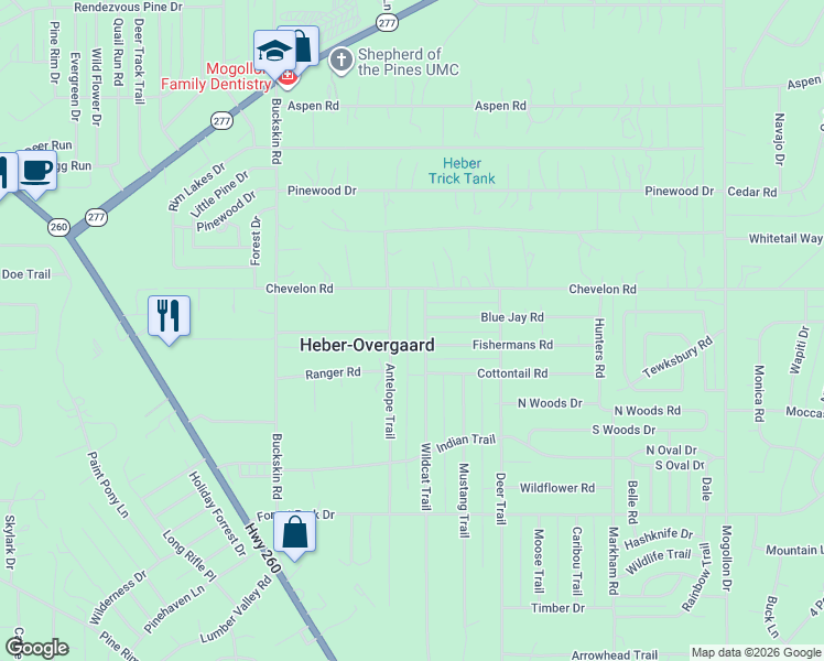 map of restaurants, bars, coffee shops, grocery stores, and more near 2947 Antelope Trail in Heber-Overgaard