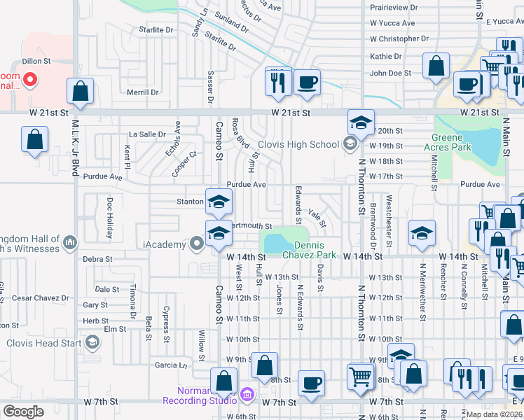 map of restaurants, bars, coffee shops, grocery stores, and more near 1616 Hull Street in Clovis