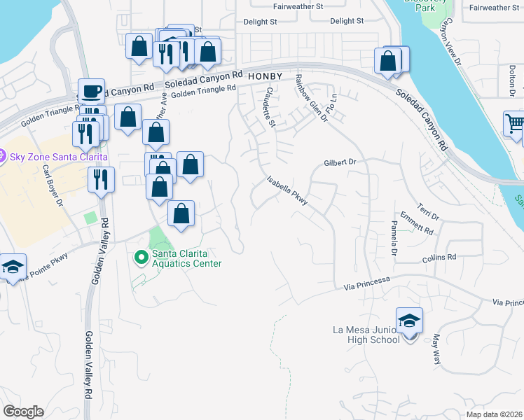 map of restaurants, bars, coffee shops, grocery stores, and more near 20322 Colina Drive in Santa Clarita