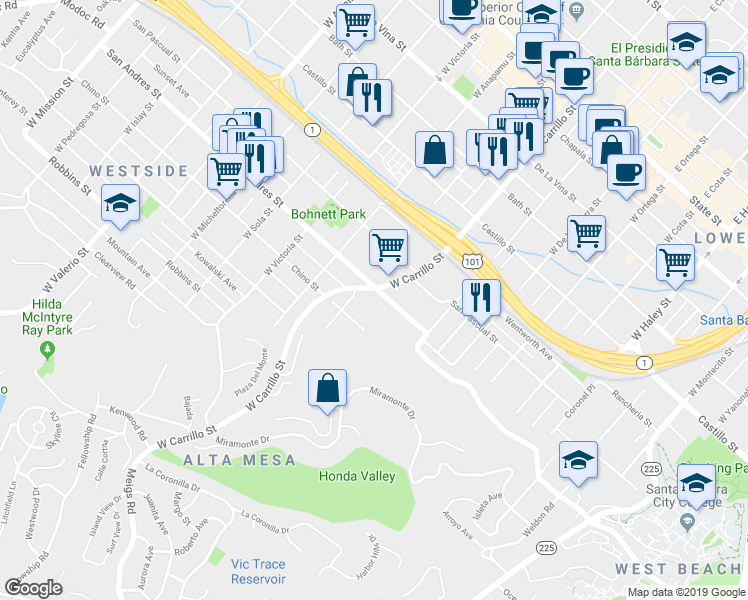 map of restaurants, bars, coffee shops, grocery stores, and more near 1021 San Andres Street in Santa Barbara