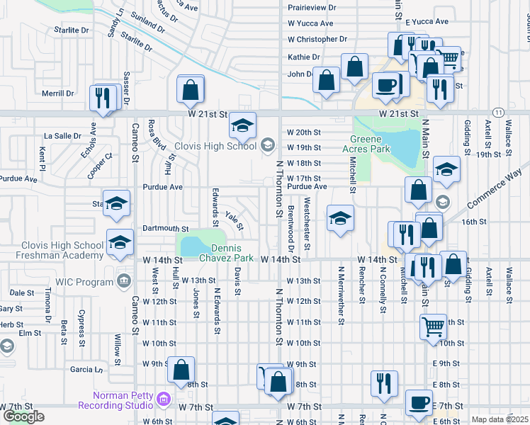 map of restaurants, bars, coffee shops, grocery stores, and more near 1509 North Reid Street in Clovis