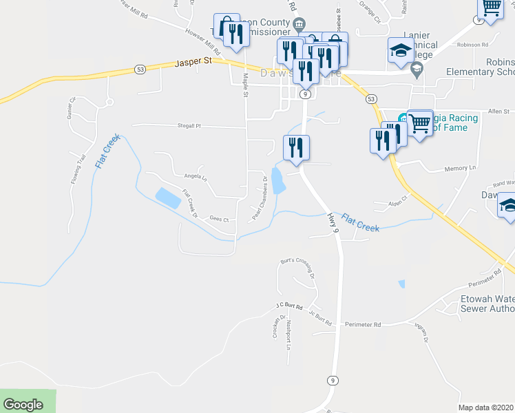 map of restaurants, bars, coffee shops, grocery stores, and more near 188 Pearl Chambers Drive in Dawsonville