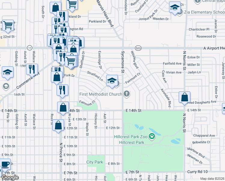map of restaurants, bars, coffee shops, grocery stores, and more near 1500 Sycamore Street in Clovis
