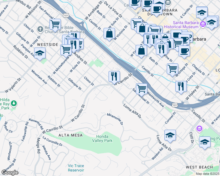 map of restaurants, bars, coffee shops, grocery stores, and more near in Santa Barbara