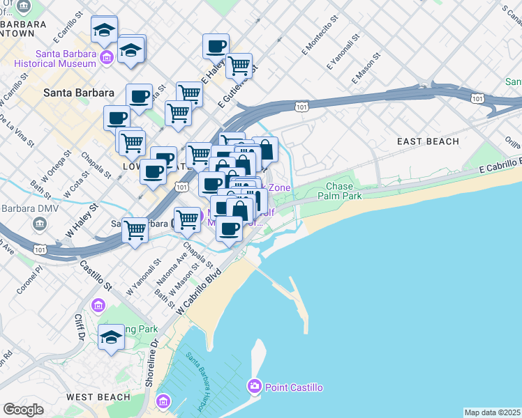 map of restaurants, bars, coffee shops, grocery stores, and more near 15 Santa Barbara Street in Santa Barbara