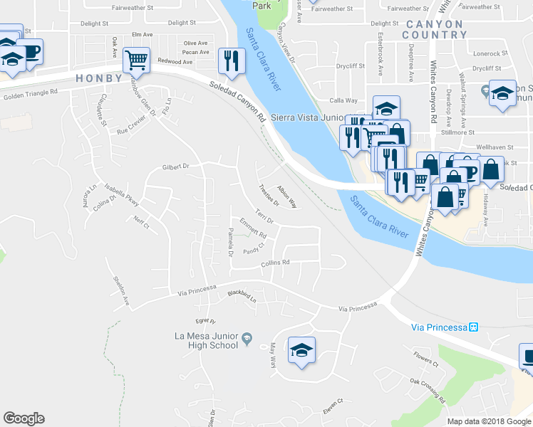 map of restaurants, bars, coffee shops, grocery stores, and more near 19829 Terri Drive in Santa Clarita