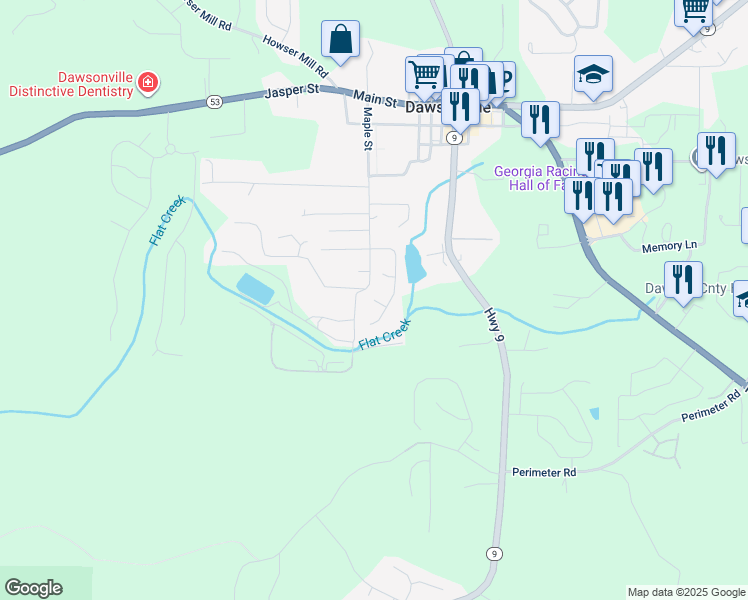 map of restaurants, bars, coffee shops, grocery stores, and more near 95 Pearl Chambers Court in Dawsonville