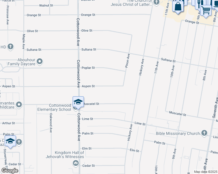 map of restaurants, bars, coffee shops, grocery stores, and more near 15123 Aspen Street in Hesperia