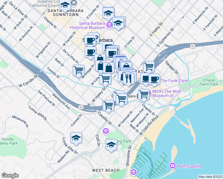 map of restaurants, bars, coffee shops, grocery stores, and more near 422 De La Vina Street in Santa Barbara