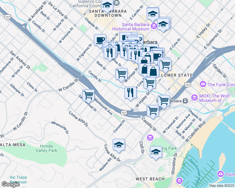 map of restaurants, bars, coffee shops, grocery stores, and more near 630 Castillo Street in Santa Barbara