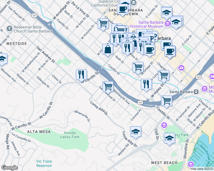 map of restaurants, bars, coffee shops, grocery stores, and more near 816 Wentworth Avenue in Santa Barbara