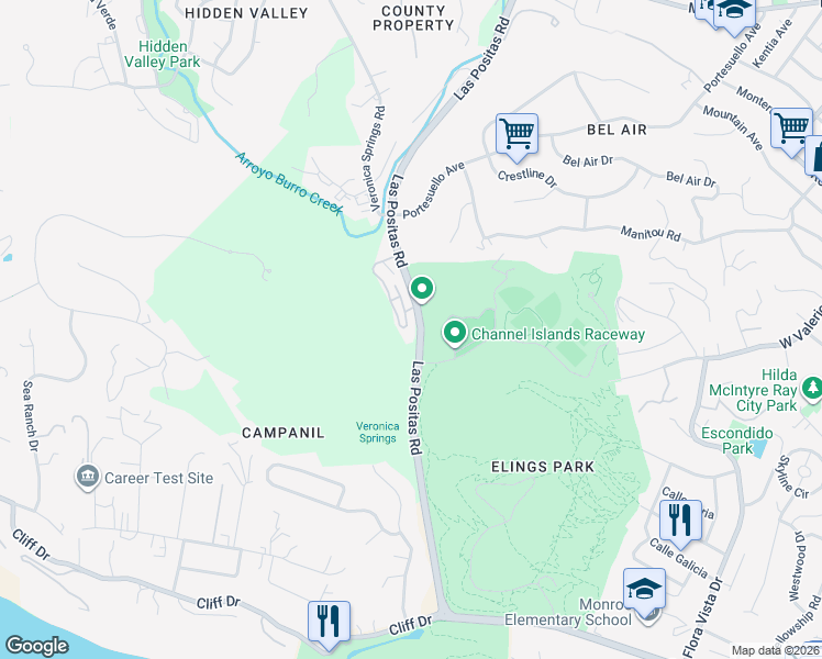 map of restaurants, bars, coffee shops, grocery stores, and more near 1205 Rebecca Lane in Santa Barbara