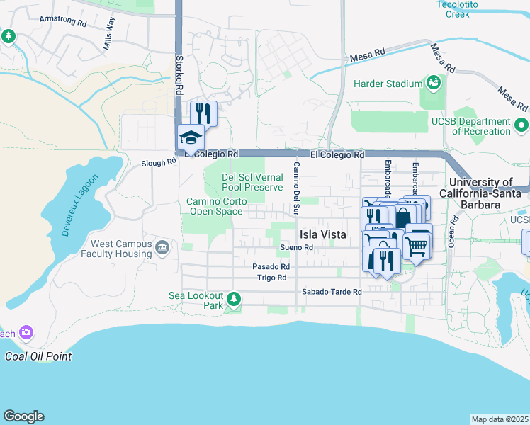 map of restaurants, bars, coffee shops, grocery stores, and more near 6764 Abrego Road in Goleta