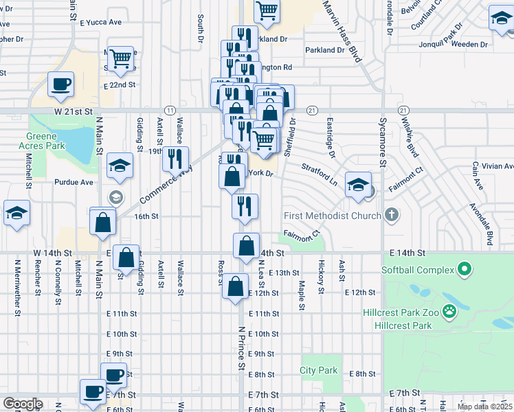 map of restaurants, bars, coffee shops, grocery stores, and more near 1604 North Lea Street in Clovis