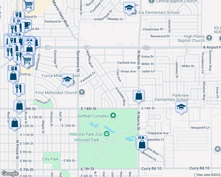 map of restaurants, bars, coffee shops, grocery stores, and more near 1613 Wilshire Boulevard in Clovis