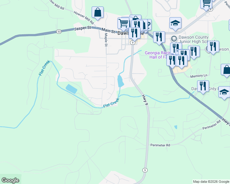 map of restaurants, bars, coffee shops, grocery stores, and more near 183 Pearl Chambers Drive in Dawsonville