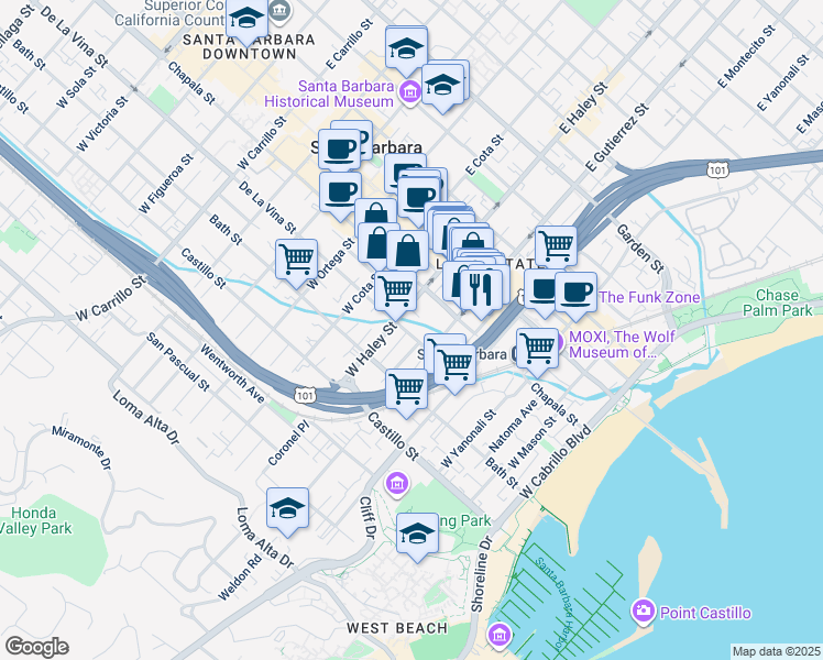map of restaurants, bars, coffee shops, grocery stores, and more near 422 De La Vina Street in Santa Barbara