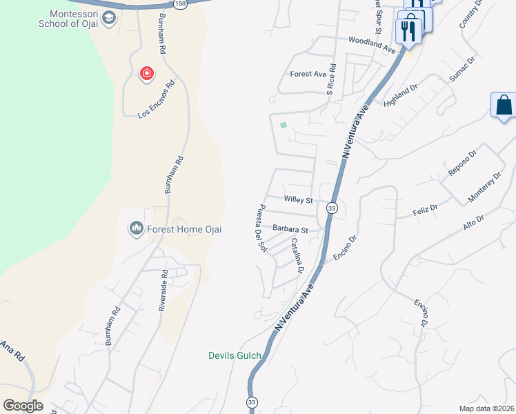 map of restaurants, bars, coffee shops, grocery stores, and more near 11293 Puesta Del Sol in Oak View