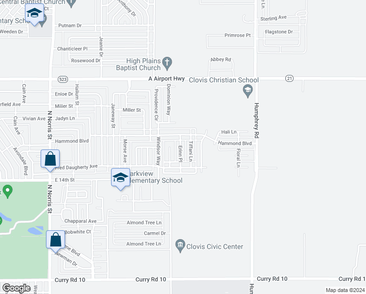 map of restaurants, bars, coffee shops, grocery stores, and more near 1801 Erinn Place in Clovis