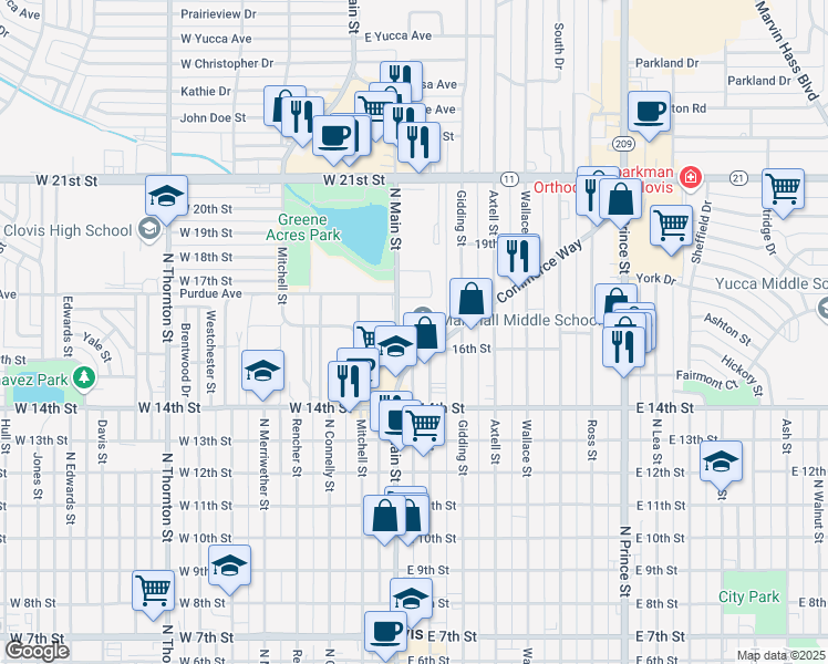 map of restaurants, bars, coffee shops, grocery stores, and more near 100 Commerce Way in Clovis