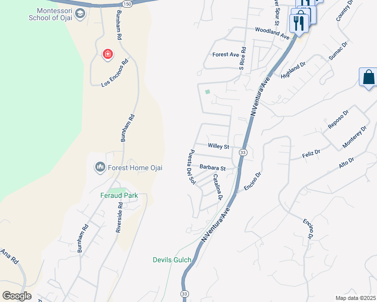 map of restaurants, bars, coffee shops, grocery stores, and more near 11293 Puesta Del Sol in Oak View