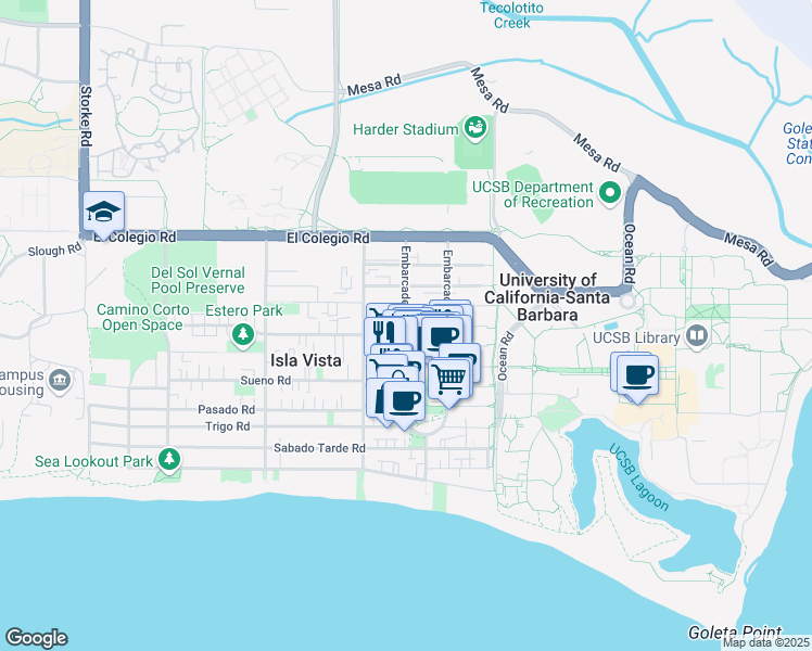 map of restaurants, bars, coffee shops, grocery stores, and more near Embarcadero del Mar in Goleta