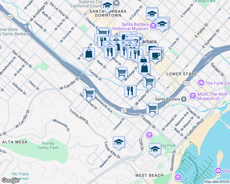 map of restaurants, bars, coffee shops, grocery stores, and more near Castillo St & W Ortega St in Santa Barbara