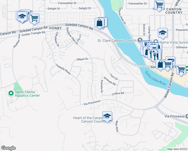 map of restaurants, bars, coffee shops, grocery stores, and more near 19921 Swallow Court in Santa Clarita