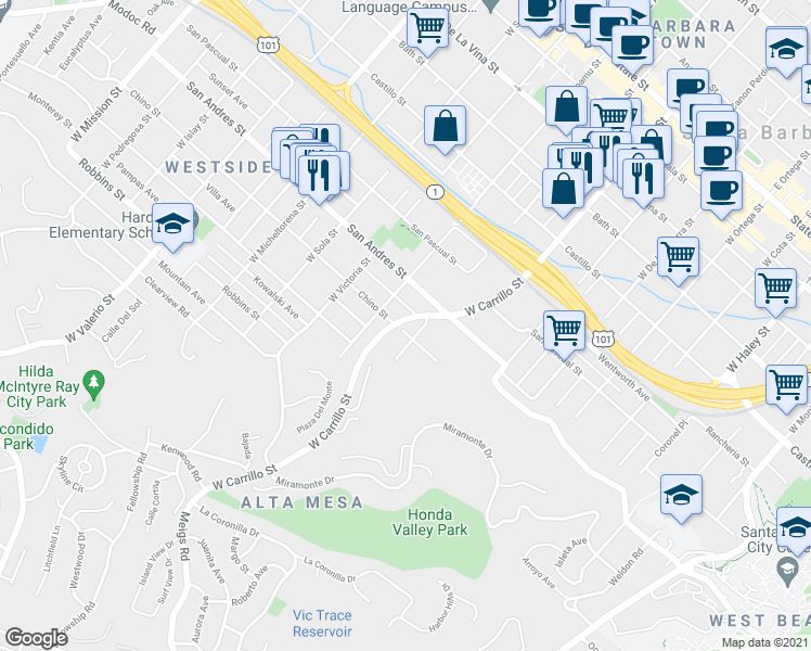 map of restaurants, bars, coffee shops, grocery stores, and more near 1110 Chino Street in Santa Barbara