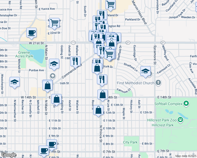 map of restaurants, bars, coffee shops, grocery stores, and more near 1608 North Prince Street in Clovis