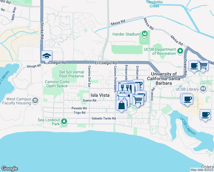 map of restaurants, bars, coffee shops, grocery stores, and more near 6640 Abrego Road in Goleta