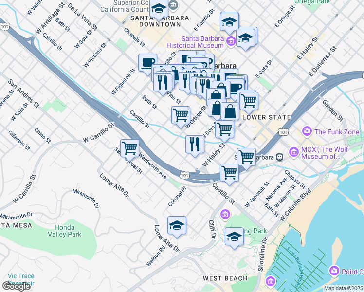 map of restaurants, bars, coffee shops, grocery stores, and more near 630 Castillo Street in Santa Barbara