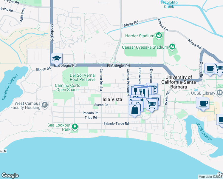 map of restaurants, bars, coffee shops, grocery stores, and more near 6660 Abrego Road in Goleta