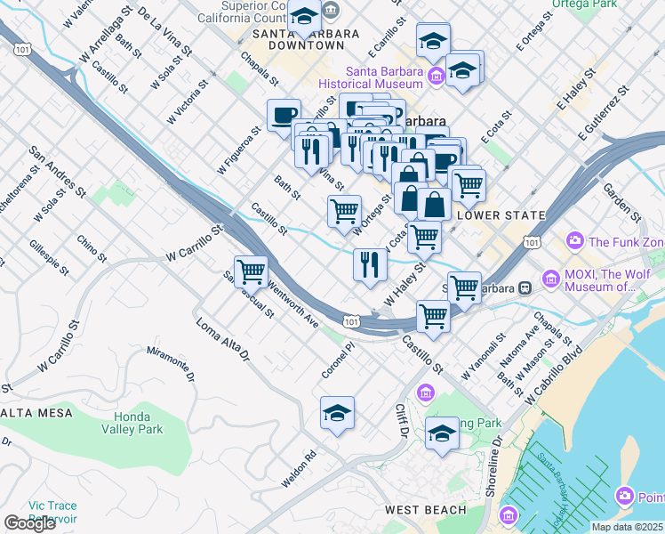 map of restaurants, bars, coffee shops, grocery stores, and more near 333 West Ortega Street in Santa Barbara