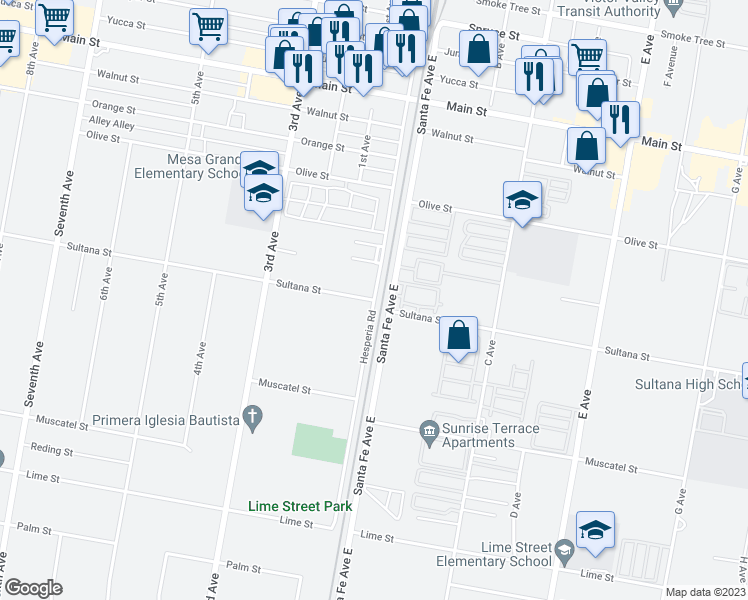 map of restaurants, bars, coffee shops, grocery stores, and more near Hesperia Road & Sultana Street in Hesperia