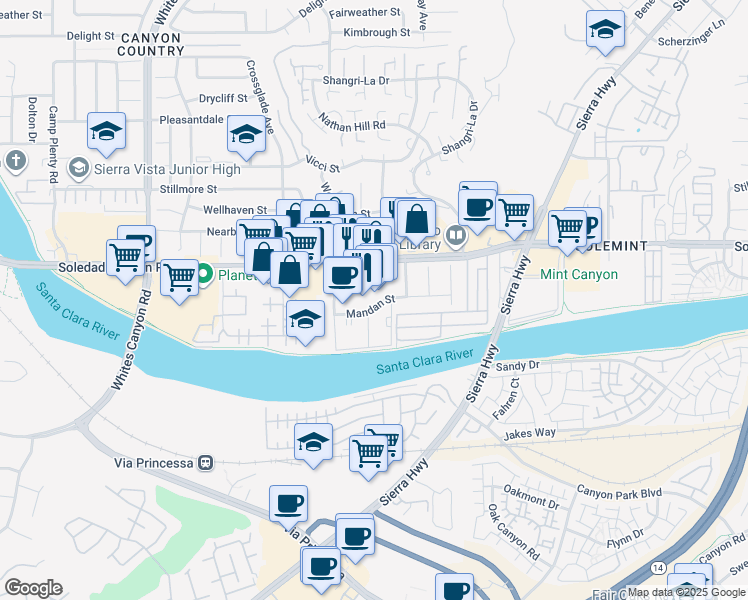 map of restaurants, bars, coffee shops, grocery stores, and more near 18740 Mandan Street in Santa Clarita