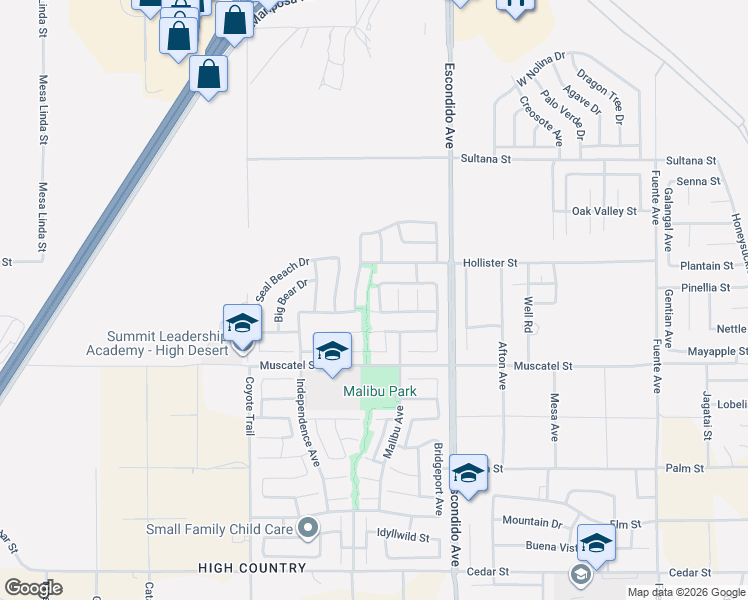 map of restaurants, bars, coffee shops, grocery stores, and more near 9034 Coachella Avenue in Hesperia