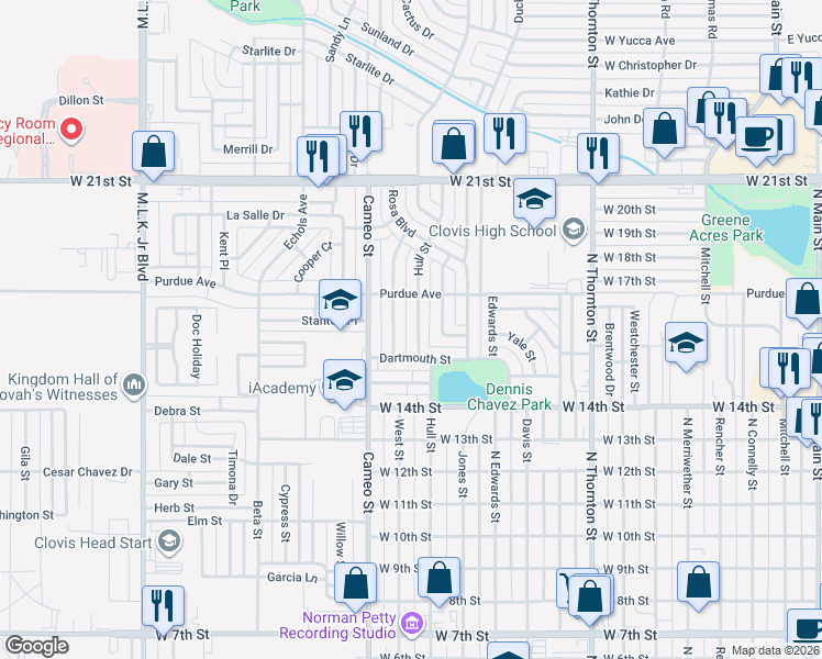 map of restaurants, bars, coffee shops, grocery stores, and more near 1616 Hull Street in Clovis