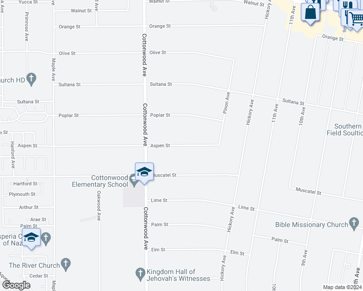 map of restaurants, bars, coffee shops, grocery stores, and more near 17520 Aspen Street in Hesperia