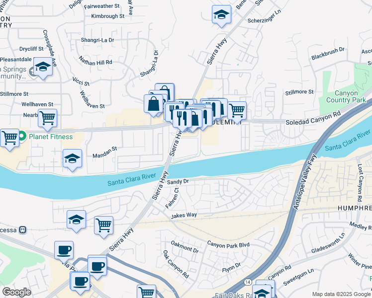 map of restaurants, bars, coffee shops, grocery stores, and more near 27558 Sierra Highway in Santa Clarita
