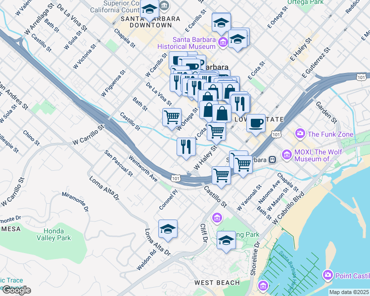 map of restaurants, bars, coffee shops, grocery stores, and more near 532 Bath Street in Santa Barbara