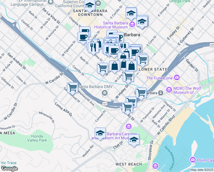 map of restaurants, bars, coffee shops, grocery stores, and more near 630 Castillo Street in Santa Barbara