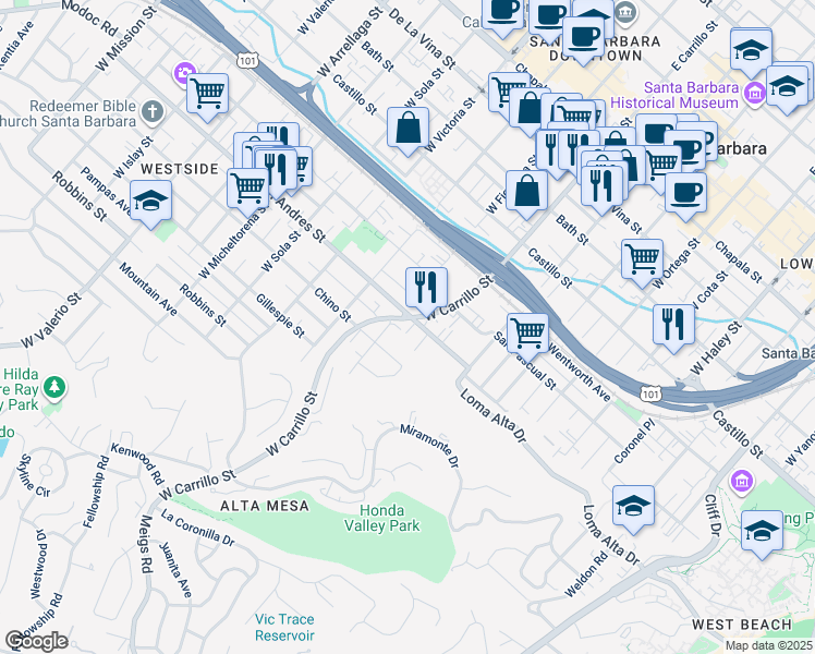 map of restaurants, bars, coffee shops, grocery stores, and more near in Santa Barbara
