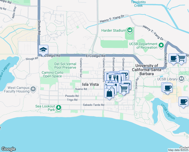 map of restaurants, bars, coffee shops, grocery stores, and more near 6640 Abrego Road in Goleta