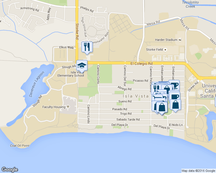 map of restaurants, bars, coffee shops, grocery stores, and more near 6764 Abrego Road in Goleta