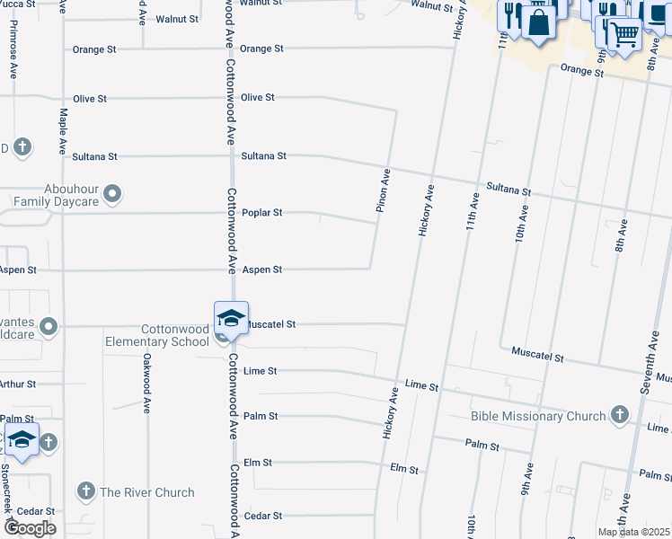 map of restaurants, bars, coffee shops, grocery stores, and more near 15143 Aspen Street in Hesperia