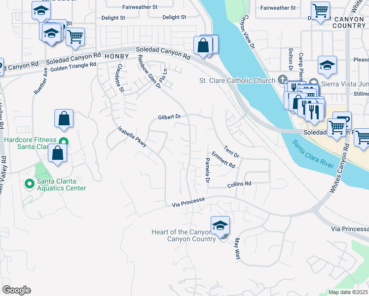 map of restaurants, bars, coffee shops, grocery stores, and more near 20010 Vireo Court in Santa Clarita