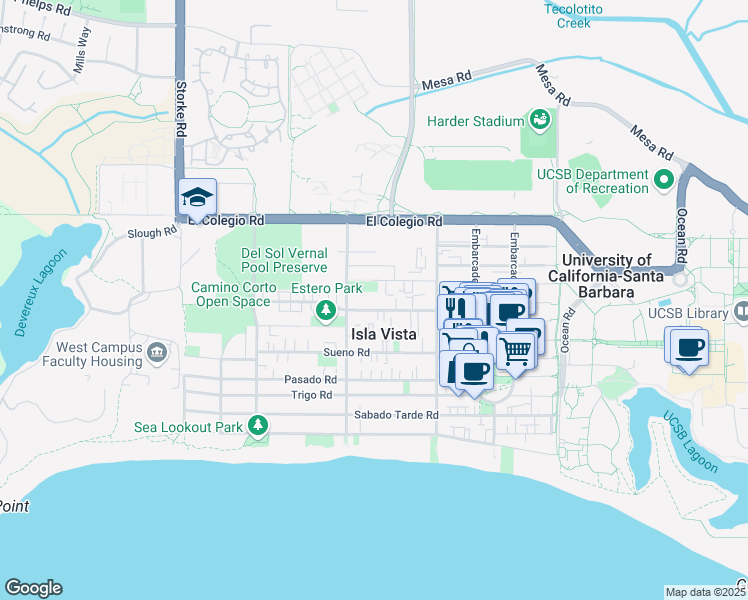 map of restaurants, bars, coffee shops, grocery stores, and more near 6672 Abrego Road in Isla Vista