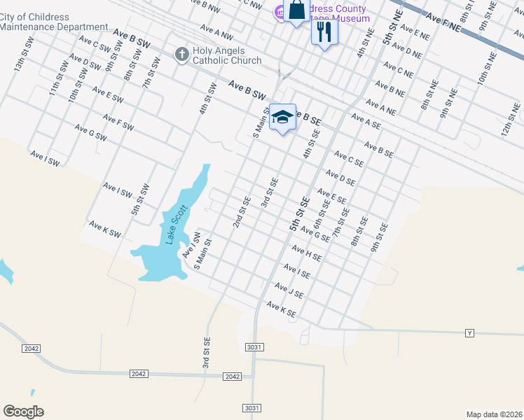 map of restaurants, bars, coffee shops, grocery stores, and more near 301 Avenue G Southeast in Childress